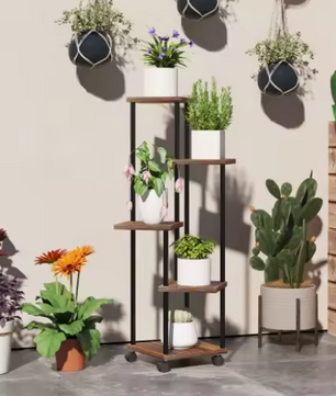 Plantenstandaard op Wielen – 5-Laags Stalen Bloemenrek met Houten Legplanken, 110 cm Hoog