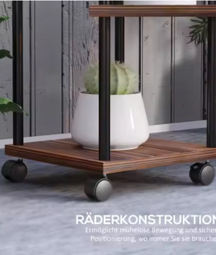 Plantenstandaard op Wielen – 5-Laags Stalen Bloemenrek met Houten Legplanken, 110 cm Hoog