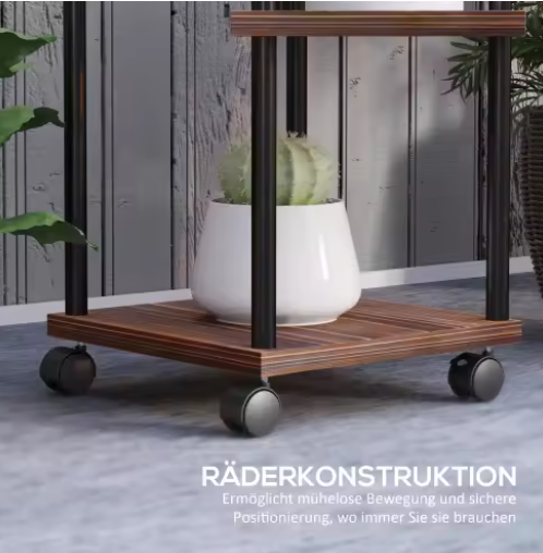 Plantenstandaard op Wielen – 5-Laags Stalen Bloemenrek met Houten Legplanken, 110 cm Hoog