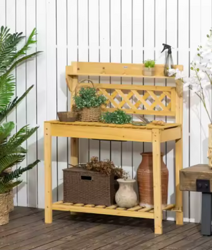 Tuintafel met Uitschuifblad & Spoelbak – Plantenrek met 2 Planken, 92x45x120 cm