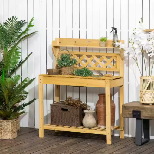 Tuintafel met Uitschuifblad & Spoelbak – Plantenrek met 2 Planken, 92x45x120 cm