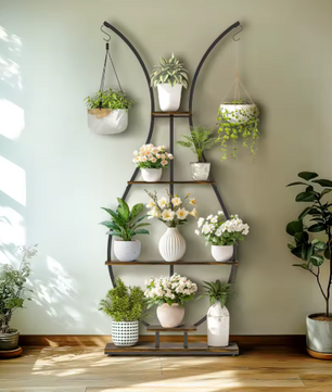 Hoge Vaasvormige Plantenstandaard – 5-Laags Metalen Displayrek met Hangers, 181 cm Hoog
