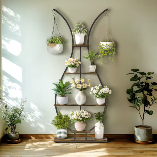 Hoge Vaasvormige Plantenstandaard – 5-Laags Metalen Displayrek met Hangers, 181 cm Hoog