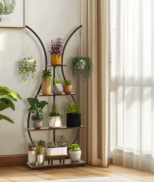 Hoge Vaasvormige Plantenstandaard – 5-Laags Metalen Displayrek met Hangers, 181 cm Hoog