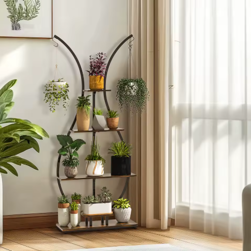 Hoge Vaasvormige Plantenstandaard – 5-Laags Metalen Displayrek met Hangers, 181 cm Hoog