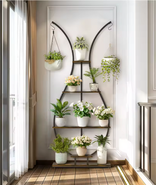 Hoge Vaasvormige Plantenstandaard – 5-Laags Metalen Displayrek met Hangers, 181 cm Hoog