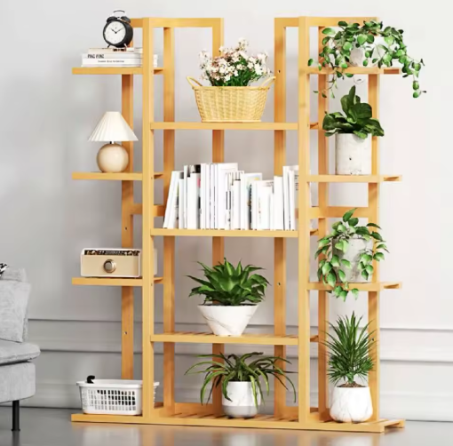 9-Laags Bamboe Plantenstandaard – Bloempotrek & Boekenplank voor Tuin, Balkon en Woonkamer, Natuurlijk Hout