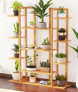 9-Laags Bamboe Plantenstandaard – Bloempotrek & Boekenplank voor Tuin, Balkon en Woonkamer, Natuurlijk Hout