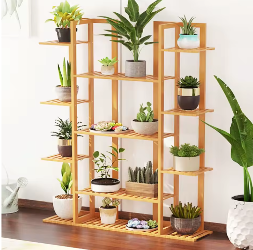 9-Laags Bamboe Plantenstandaard – Bloempotrek & Boekenplank voor Tuin, Balkon en Woonkamer, Natuurlijk Hout