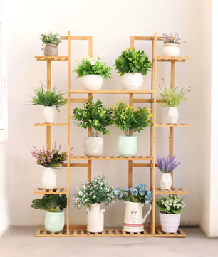 9-Laags Bamboe Plantenstandaard – Bloempotrek & Boekenplank voor Tuin, Balkon en Woonkamer, Natuurlijk Hout