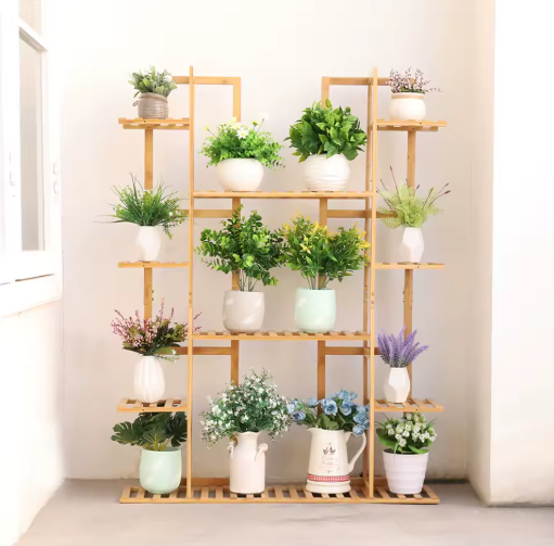 9-Laags Bamboe Plantenstandaard – Bloempotrek & Boekenplank voor Tuin, Balkon en Woonkamer, Natuurlijk Hout
