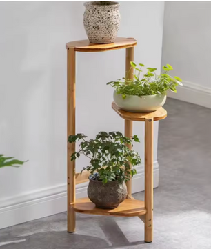 3-Laags Bamboe Hoekplantenstandaard – Ruimtebesparende Bloempotplank met Hoog-Laag Design, 32x75 cm