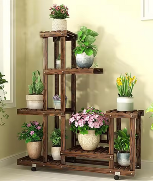 6-laags Houten Plantenstandaard op Wielen – Verticale Bonsaiplank voor Binnen & Buiten