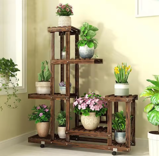 6-laags Houten Plantenstandaard op Wielen – Verticale Bonsaiplank voor Binnen & Buiten