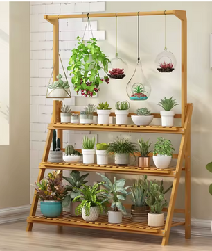 3-laags Bamboe Plantenstandaard met Ophangfunctie – Opvouwbare Ladderrek voor Binnen & Buiten
