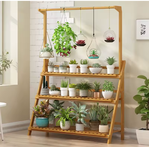 3-laags Bamboe Plantenstandaard met Ophangfunctie – Opvouwbare Ladderrek voor Binnen & Buiten