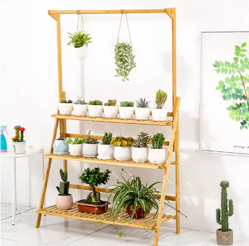 3-laags Bamboe Plantenstandaard met Ophangfunctie – Opvouwbare Ladderrek voor Binnen & Buiten