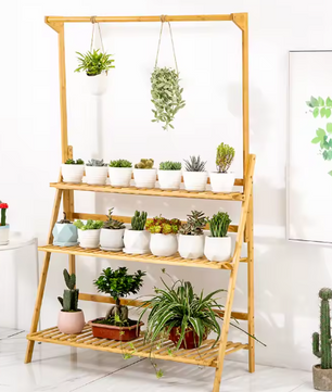 3-Lagen Bamboe Plantentrap met Ophangrek – Opvouwbaar, 100×40×96 cm, Voor Binnen en Buiten