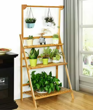 3-Lagen Bamboe Plantentrap met Ophangrek – Opvouwbaar, 100×40×96 cm, Voor Binnen en Buiten