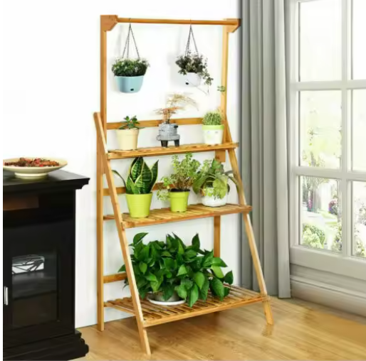 3-Lagen Bamboe Plantentrap met Ophangrek – Opvouwbaar, 100×40×96 cm, Voor Binnen en Buiten