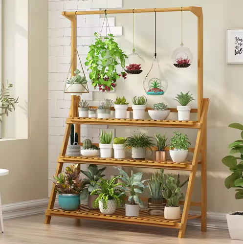 3-laags Bamboe Plantenstandaard met Ophangfunctie – Opvouwbare Ladderrek voor Binnen & Buiten