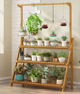 3-Lagen Bamboe Plantentrap met Ophangrek – Opvouwbaar, 100×40×96 cm, Voor Binnen en Buiten