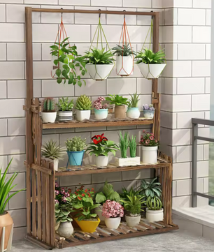 3-laags Houten Plantenstandaard met Ophangstang – Massief Dennenhout, Binnen & Buiten