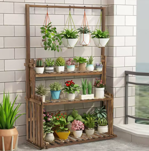 Houten Plantenstandaard met Hanggedeelte – 3 Lagen & Ophangstang, Voor Binnen en Buiten
