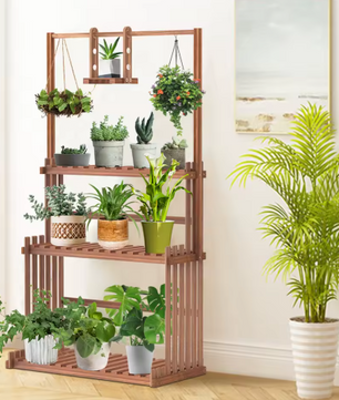 3-laags Houten Plantenstandaard met Ophangstang – Massief Dennenhout, Binnen & Buiten