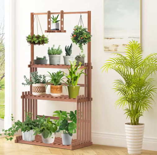 3-laags Houten Plantenstandaard met Ophangstang – Massief Dennenhout, Binnen & Buiten