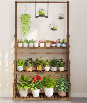3-laags Houten Plantenstandaard met Ophangstang – Massief Dennenhout, Binnen & Buiten
