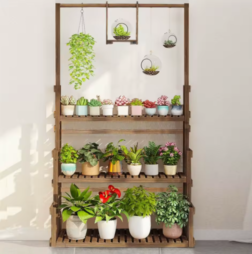 3-laags Houten Plantenstandaard met Ophangstang – Massief Dennenhout, Binnen & Buiten