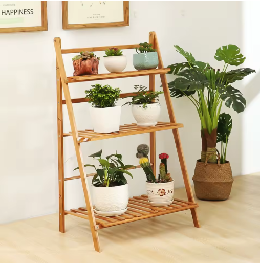 Opvouwbare 3-laags Bamboe Plantenstandaard – Natuurlijk Hout, Voor Binnen & Buiten