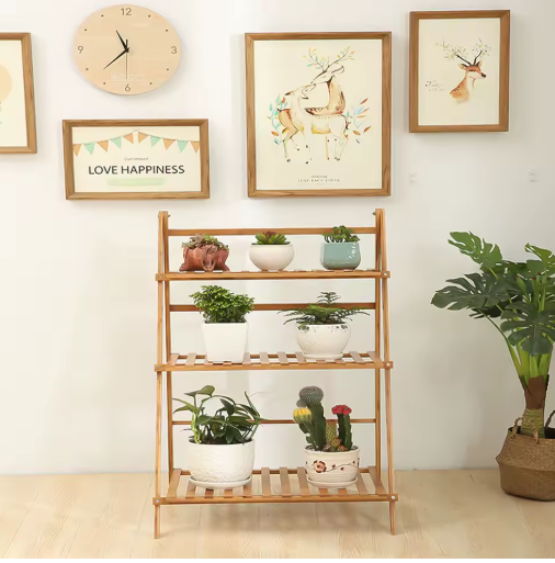 Opvouwbare 3-laags Bamboe Plantenstandaard – Natuurlijk Hout, Voor Binnen & Buiten