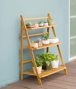 Opvouwbare 3-laags Bamboe Plantenstandaard – Natuurlijk Hout, Voor Binnen & Buiten