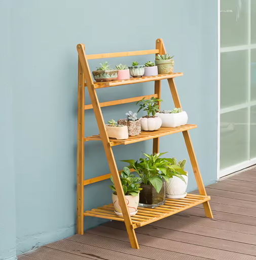 Opvouwbare 3-laags Bamboe Plantenstandaard – Natuurlijk Hout, Voor Binnen & Buiten
