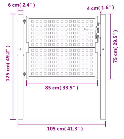 Stalen Tuinpoort met Dicht Gaas – Vergrendelbare Binnenplaatsdeur, Rooksteenkoolkleur, 105 x 125/150 cm