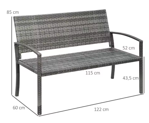 2-Zits Polyrotan Parkbank – Grijze Tuinbank met Stalen Frame, Weerbestendig en UV-bestendig, Draagvermogen 320 kg