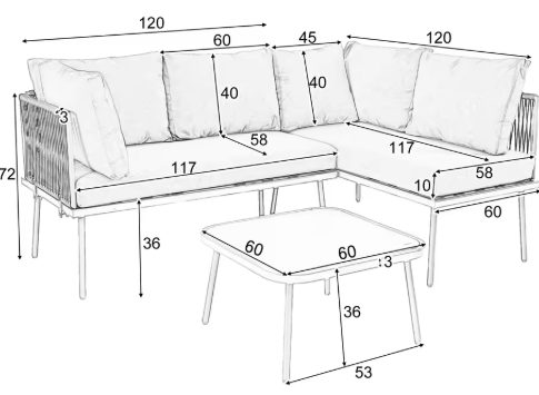 2-Zits Loungeset van Touw & Gehard Glas – Inclusief Tafel en Kussens, Met Armleuningen en Gevlochten Rugleuning, Verstelbare Pootjes