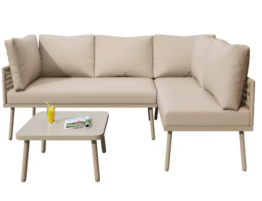 2-Zits Loungeset van Touw & Gehard Glas – Inclusief Tafel en Kussens, Met Armleuningen en Gevlochten Rugleuning, Verstelbare Pootjes