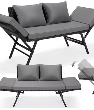 3-Zits Polyrattan Tuinbank met Verstelbare Armleuningen – Inclusief Weerbestendig Kussen, Omvormbaar tot Ligstoel, 176 cm Breed