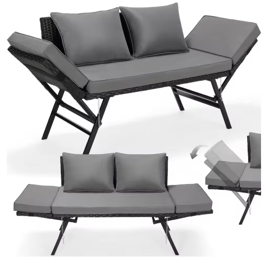 3-Zits Polyrattan Tuinbank met Verstelbare Armleuningen – Inclusief Weerbestendig Kussen, Omvormbaar tot Ligstoel, 176 cm Breed