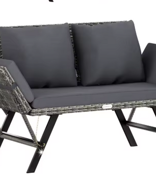 3-Zits Polyrattan Tuinbank met Verstelbare Armleuningen – Inclusief Weerbestendig Kussen, Omvormbaar tot Ligstoel, 176 cm Breed