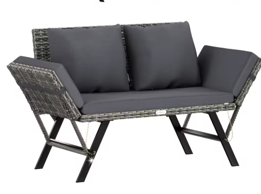 3-Zits Polyrattan Tuinbank met Verstelbare Armleuningen – Inclusief Weerbestendig Kussen, Omvormbaar tot Ligstoel, 176 cm Breed