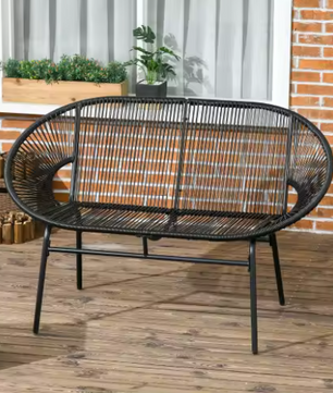 2-zits Polyrotan Tuinbank – Zwart, Stalen Frame & Handgeweven Vlechtwerk, Tot 260 kg Draagvermogen