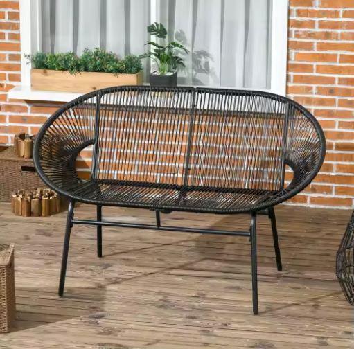 2-zits Polyrotan Tuinbank – Zwart, Stalen Frame & Handgeweven Vlechtwerk, Tot 260 kg Draagvermogen