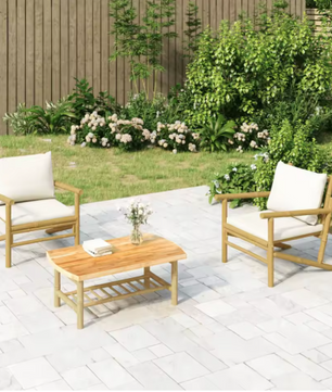 Set van 3 Bamboe Tuinmeubelen – 2 Stoelen met Kussens & Salontafel, Crème
