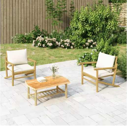 Set van 3 Bamboe Tuinmeubelen – 2 Stoelen met Kussens & Salontafel, Crème