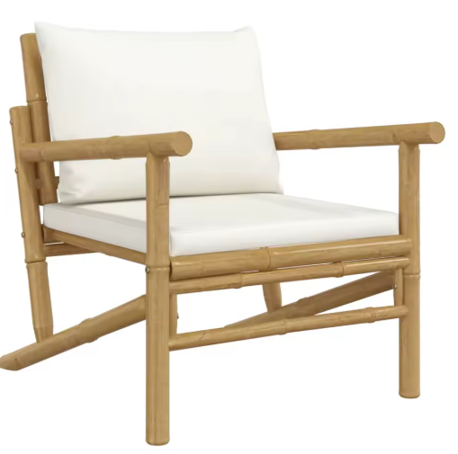 Set van 3 Bamboe Tuinmeubelen – 2 Stoelen met Kussens & Salontafel, Crème