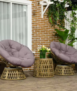 3-delige Rotan Balkonset – Roze Stoelen met Kussens & Glazen Tafel